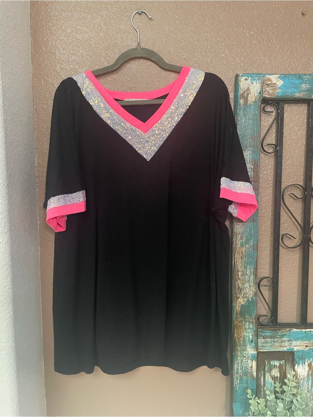 Black Short-Sleeve V-Neck Tee with Pink Trim and Sequin Band